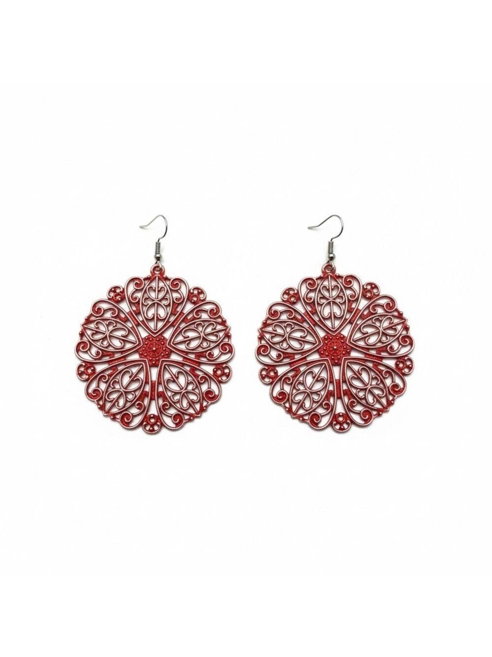 Red Filigree Flower Drop Earrings